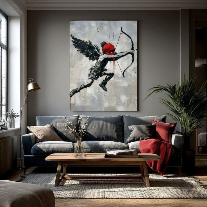 Модерна слика на платно со мотив Cupid's Aim na платно во црно-бело нијанси | Слика Cupid's Aim na платно, ѕидна декорација – производ