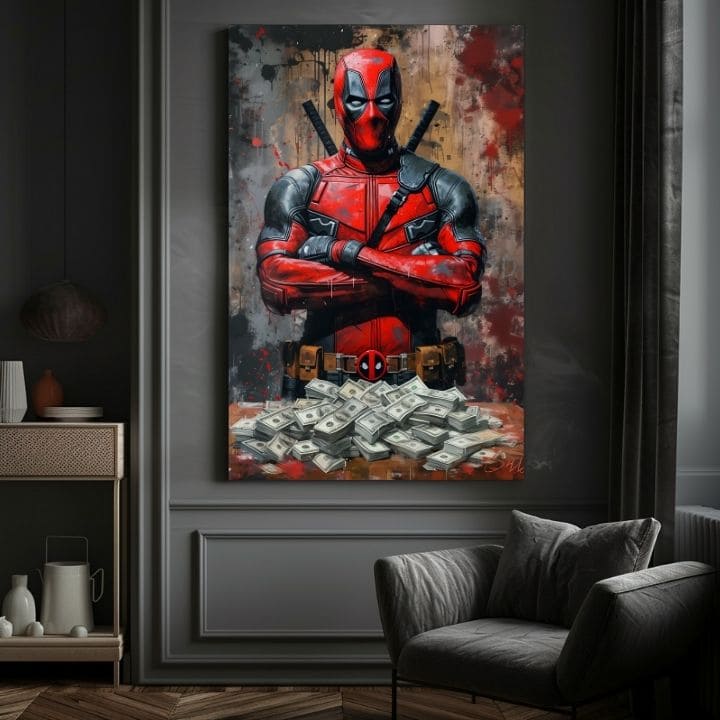 Модерна слика на платно со мотив Deadpool: Peniaze и chaos во црно нијанси | Слика Deadpool: Peniaze и chaos, ѕидна декорација – производ, поглед 2