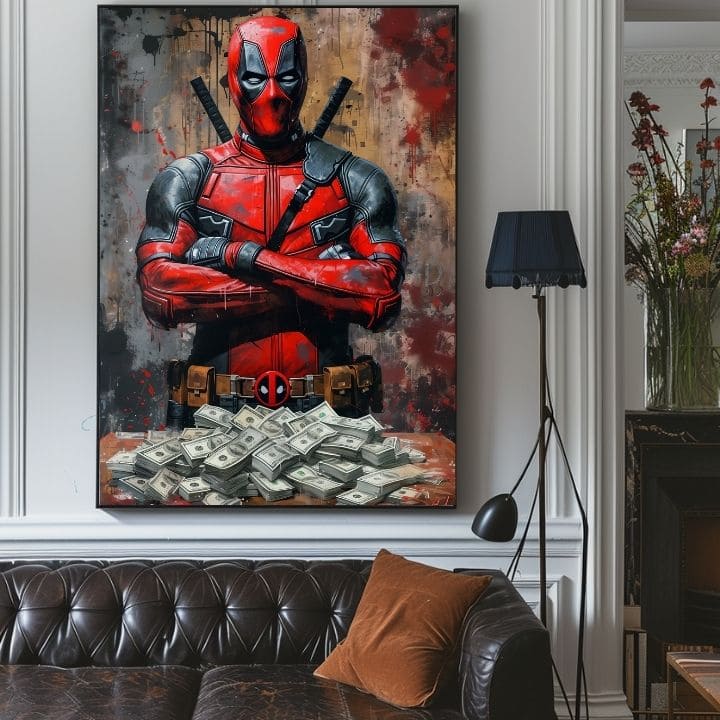 Модерна слика на платно со мотив Deadpool: Peniaze и chaos во црно нијанси | Слика Deadpool: Peniaze и chaos, ѕидна декорација – производ, поглед 4