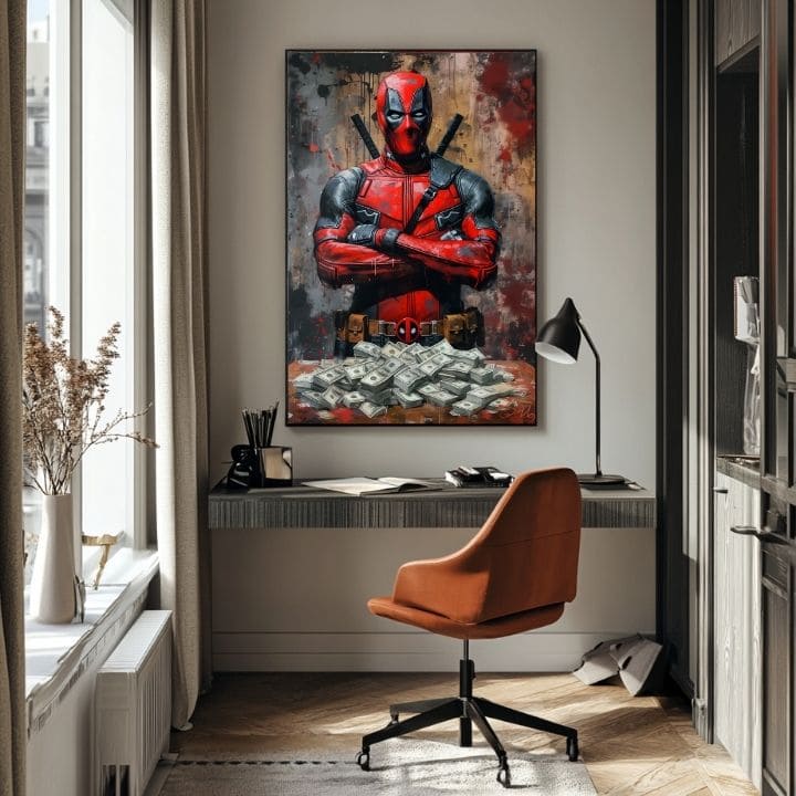 Модерна слика на платно со мотив Deadpool: Peniaze и chaos во црно нијанси | Слика Deadpool: Peniaze и chaos, ѕидна декорација – производ, поглед 5