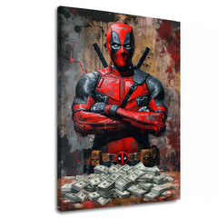 Модерна слика на платно со мотив Deadpool: Peniaze и chaos во црно нијанси | Слика Deadpool: Peniaze и chaos, ѕидна декорација – главна