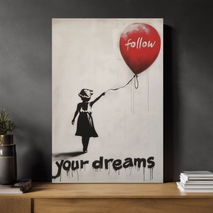 Модерна слика на платно со мотив Heart Balloon Girl, балон, срце во бело-црно нијанси, меланхолична атмосфера, nádej | Слика Heart Balloon Girl – производ, поглед 2