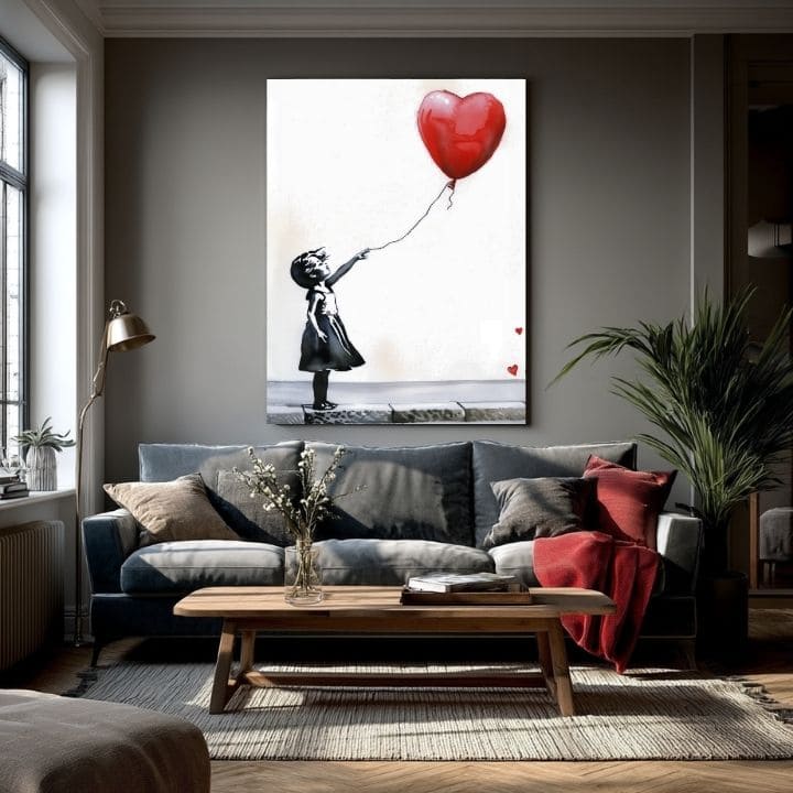 Модерна слика на платно со мотив Heart Balloon Girl, балон, срце во бело-црно нијанси, меланхолична атмосфера, nádej | Слика Heart Balloon Girl – производ