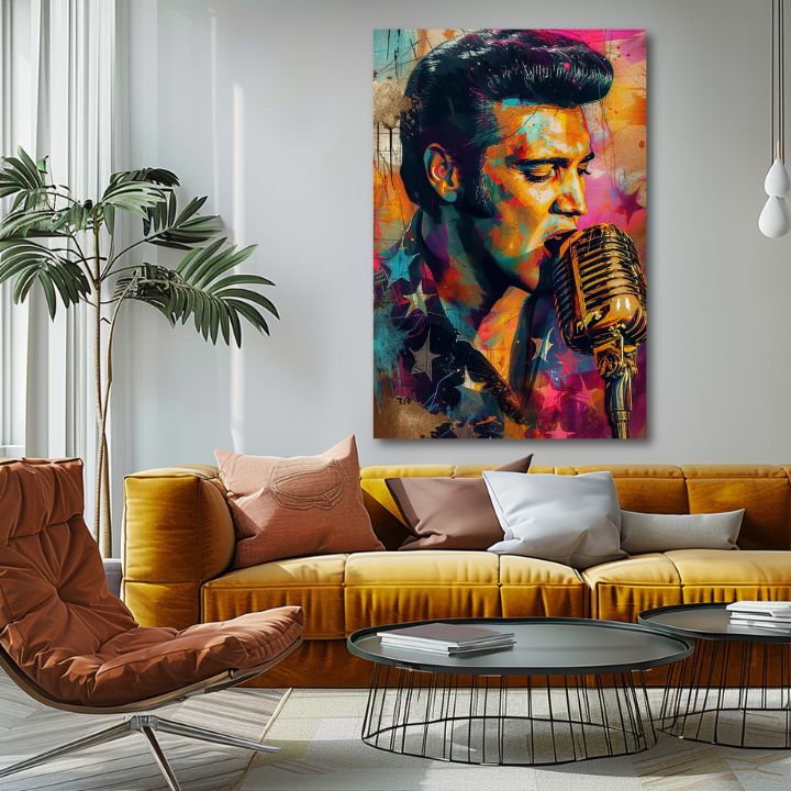 Модерна слика на платно со мотив Elvis Presley - Zlatý hlas rock’n’rollu, микрофон во портокалово-виолетово нијанси, енергична атмосфера | Слика Elvis Presley - Zlatý hlas rock’n’rollu – p..., поглед 2