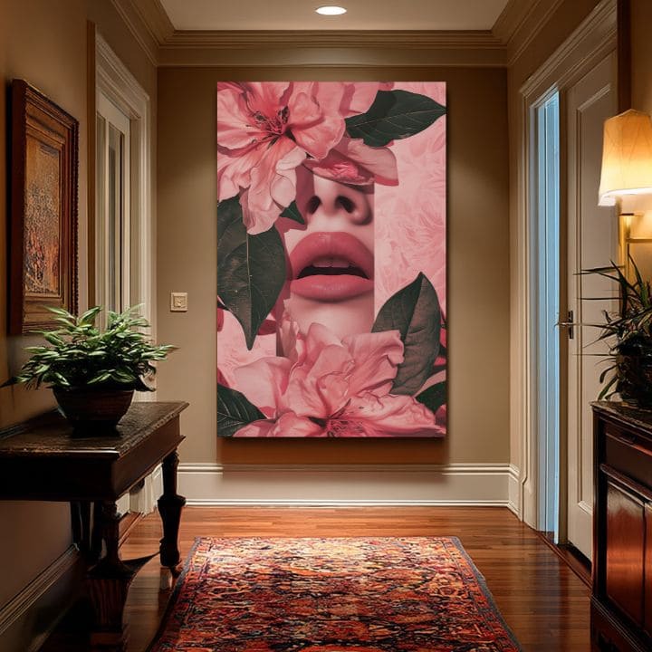 Модерна слика на платно со мотив Floral Lips во розово-зелено нијанси, романтична атмосфера, природа и убавина | Слика Floral Lips – производ, поглед 2