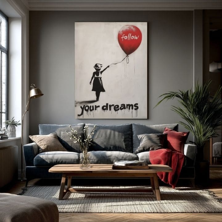 Модерна слика на платно со мотив Follow Your Dreams, балон во бело-црно нијанси, соништа и nádej | Слика Follow Your Dreams – производ [XOBWSPP030E1]