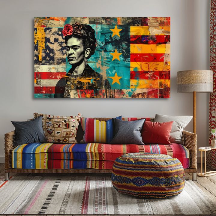 Модерна слика на платно со мотив Frida Kahlo - Kultúrny odkaz, цвеќиња во црвено-тиркизно нијанси, смела атмосфера | Слика Frida Kahlo - Kultúrny odkaz – производ