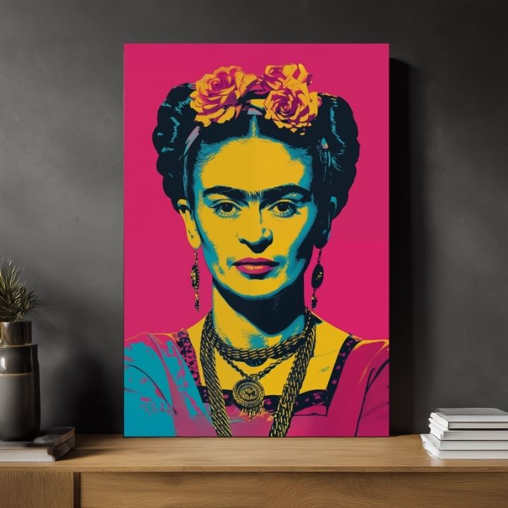 Модерна слика на платно со мотив Frida Pop, рози во жолто-црно нијанси, смела атмосфера, слава | Слика Frida Pop – производ