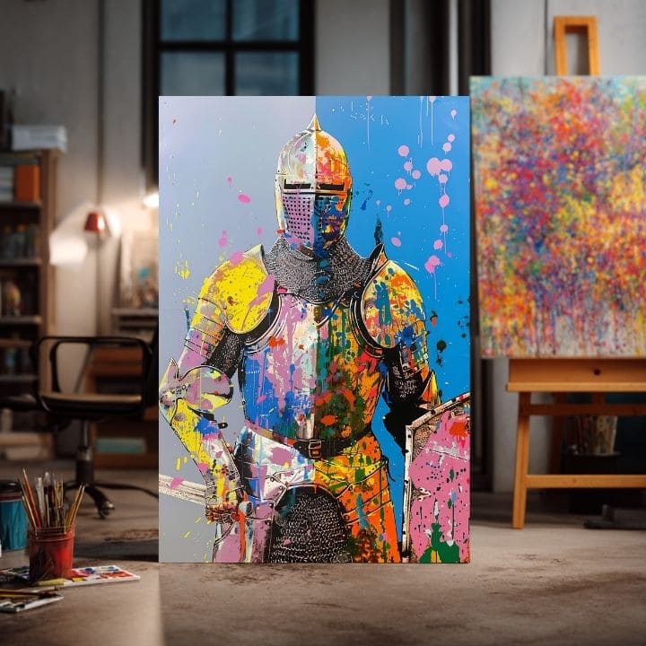 Модерна слика на платно со мотив Graffiti Knight, štít во жолто-портокалово нијанси, енергична атмосфера, сила | Слика Graffiti Knight – производ, поглед 2