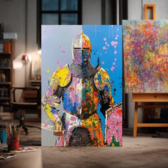 Модерна слика на платно со мотив Graffiti Knight, štít во жолто-портокалово нијанси, енергична атмосфера, сила | Слика Graffiti Knight – производ, поглед 2