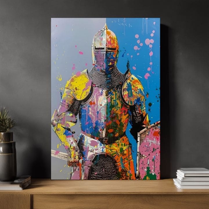Модерна слика на платно со мотив Graffiti Knight, štít во жолто-портокалово нијанси, енергична атмосфера, сила | Слика Graffiti Knight – производ