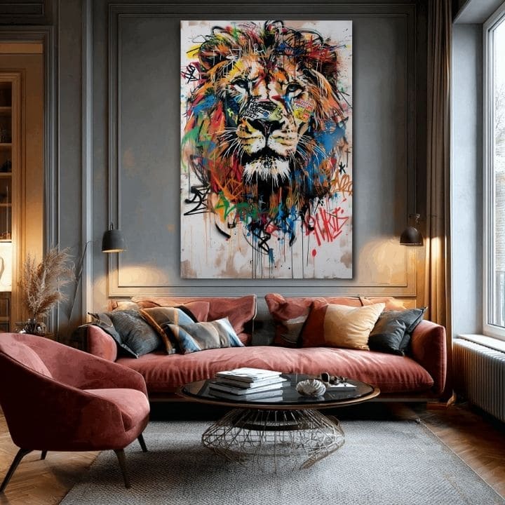 Модерна слика на платно со мотив Graffiti Lion, лав во црно-портокалово нијанси, енергична атмосфера, сила и слобода | Слика Graffiti Lion – производ, поглед 2