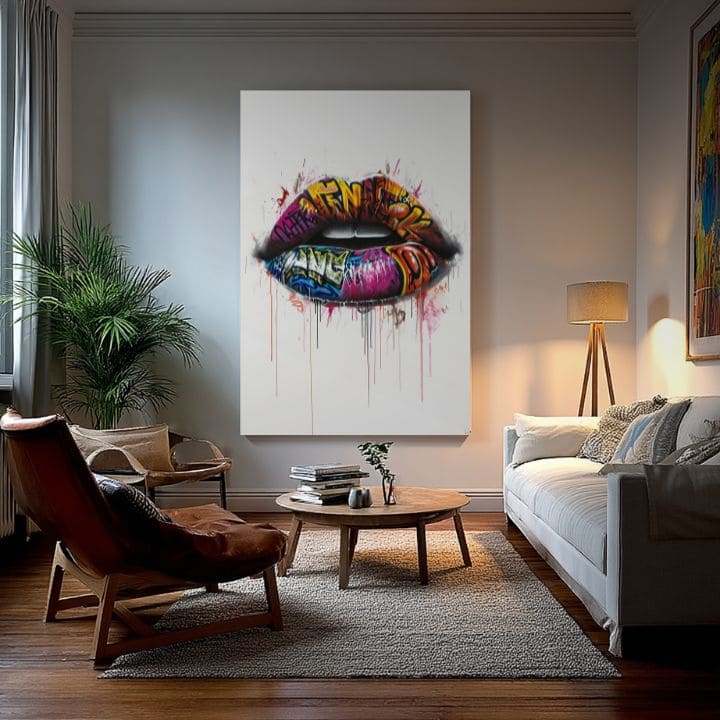 Модерна слика на платно со мотив Graffiti Lips, графити во бело-розово нијанси, енергична атмосфера | Слика Graffiti Lips – производ