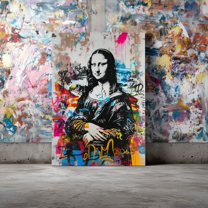 Модерна слика на платно со мотив Graffiti Mona na платно во црно-бело нијанси, енергична атмосфера | Слика Graffiti Mona na платно – производ, поглед 3