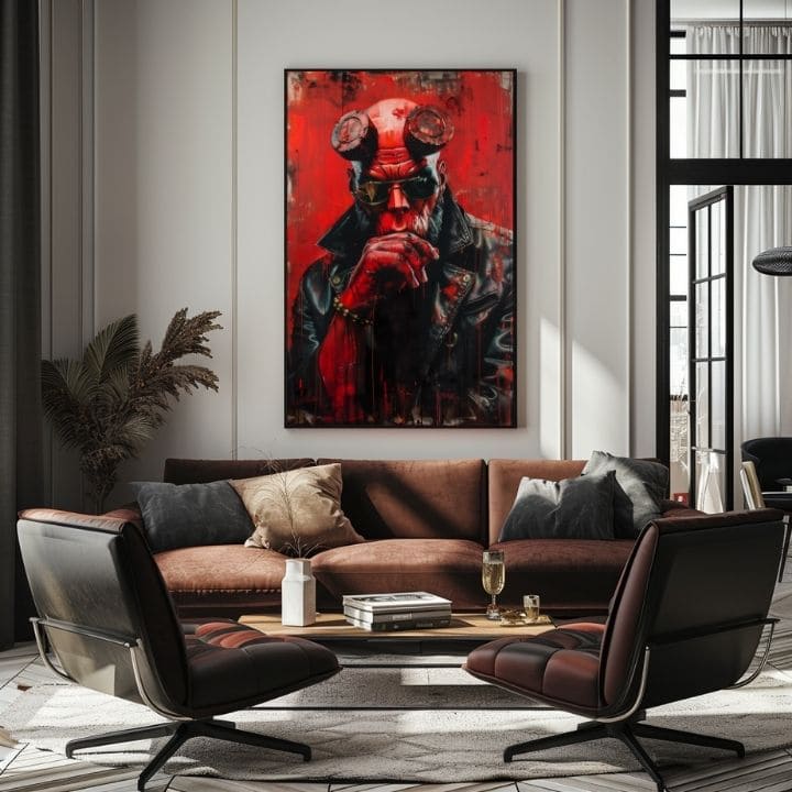 Модерна слика на платно со мотив Hellboy: Pekelný bojovník во црно-сиво нијанси | Слика Hellboy: Pekelný bojovník – производ, поглед 2