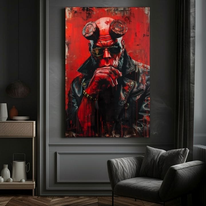Модерна слика на платно со мотив Hellboy: Pekelný bojovník во црно-сиво нијанси | Слика Hellboy: Pekelný bojovník – производ, поглед 5