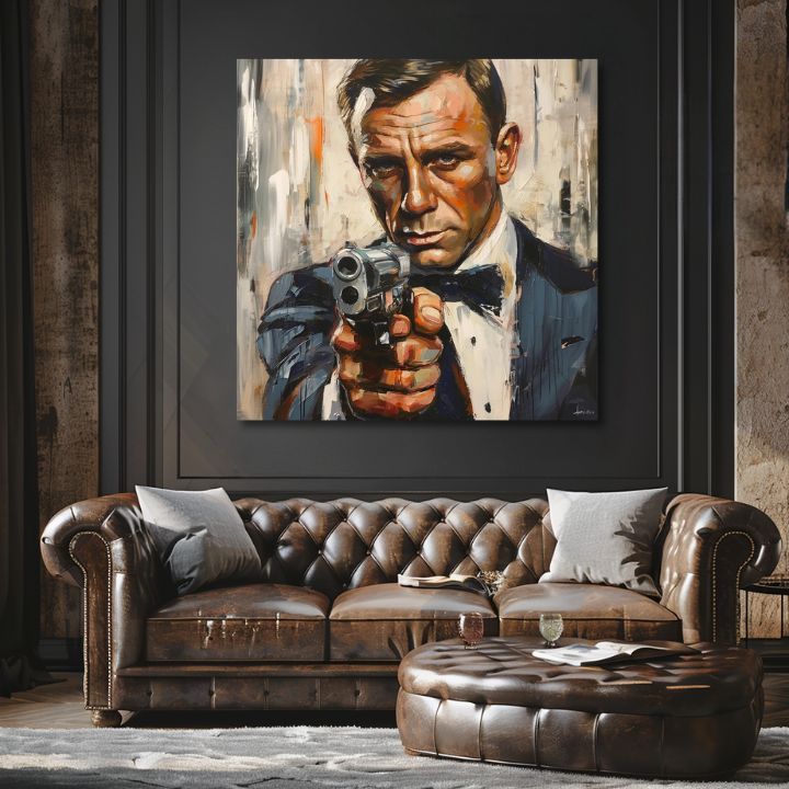 Модерна слика на платно со мотив James Bond - Nebezpečná елеганција во портокалово нијанси, интензивна атмосфера, филмски свет | Слика James Bond - Nebezpečná елеганција – производ, поглед 2