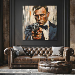 Модерна слика на платно со мотив James Bond - Nebezpečná елеганција во портокалово нијанси, интензивна атмосфера, филмски свет | Слика James Bond - Nebezpečná елеганција – производ, поглед 2