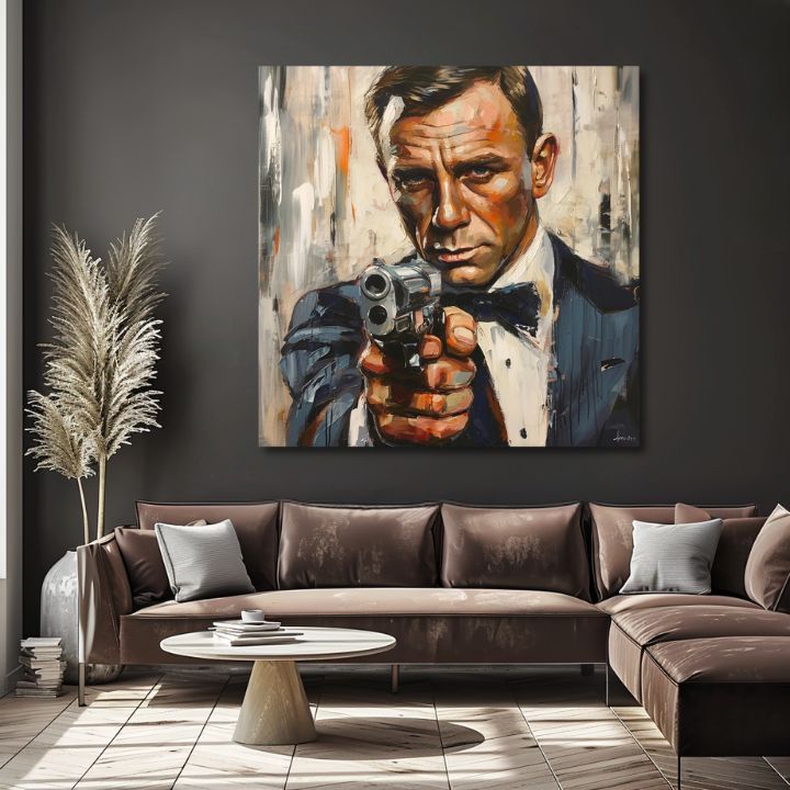 Модерна слика на платно со мотив James Bond - Nebezpečná елеганција во портокалово нијанси, интензивна атмосфера, филмски свет | Слика James Bond - Nebezpečná елеганција – производ