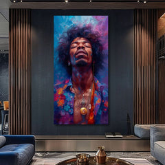 Модерна слика на платно со мотив Jimi Hendrix - Explózia harmónie во сино-златно нијанси, мирна атмосфера, духовност | Слика Jimi Hendrix - Explózia harmónie – производ, поглед 2