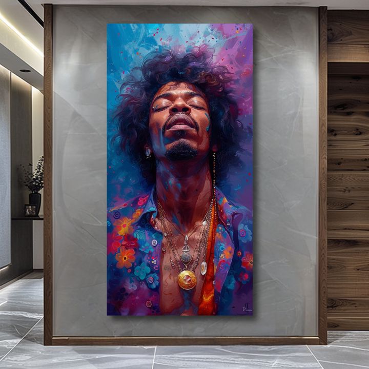 Модерна слика на платно со мотив Jimi Hendrix - Explózia harmónie во сино-златно нијанси, мирна атмосфера, духовност | Слика Jimi Hendrix - Explózia harmónie – производ