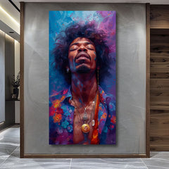 Модерна слика на платно со мотив Jimi Hendrix - Explózia harmónie во сино-златно нијанси, мирна атмосфера, духовност | Слика Jimi Hendrix - Explózia harmónie – производ