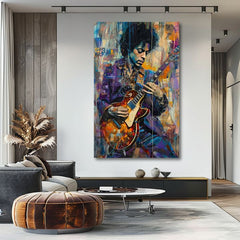 Модерна слика на платно со мотив Jimi Hendrix - Gitara v plameňoch во виолетово-бело нијанси, енергична атмосфера, креативност | Слика Jimi Hendrix - Gitara v plameňoch – производ, поглед 2