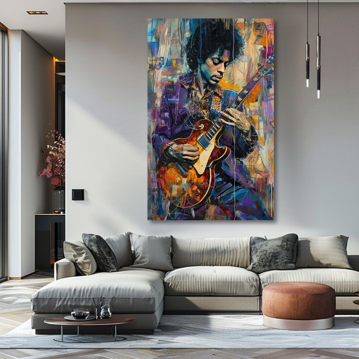 Модерна слика на платно со мотив Jimi Hendrix - Gitara v plameňoch во виолетово-бело нијанси, енергична атмосфера, креативност | Слика Jimi Hendrix - Gitara v plameňoch – производ