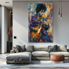 Модерна слика на платно со мотив Jimi Hendrix - Gitara v plameňoch во виолетово-бело нијанси, енергична атмосфера, креативност | Слика Jimi Hendrix - Gitara v plameňoch – производ