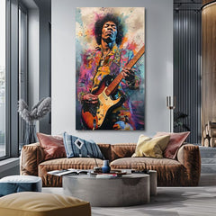 Модерна слика на платно со мотив Jimi Hendrix - Ohnivé tóny во црно-жолто нијанси, енергична атмосфера, рок и рол и креативност | Слика Jimi Hendrix - Ohnivé tóny – производ