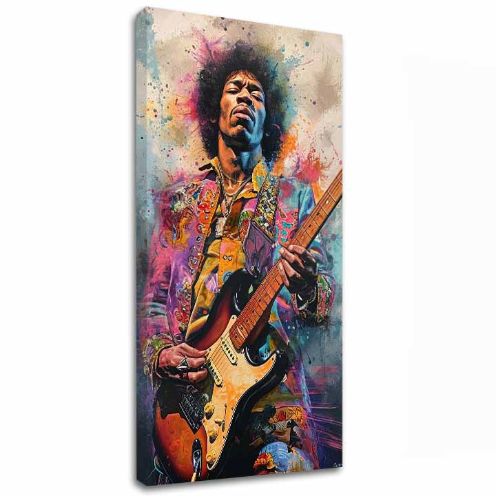Модерна слика на платно со мотив Jimi Hendrix - Ohnivé tóny во црно-жолто нијанси, енергична атмосфера, рок и рол и креативност | Слика Jimi Hendrix - Ohnivé tóny – главна