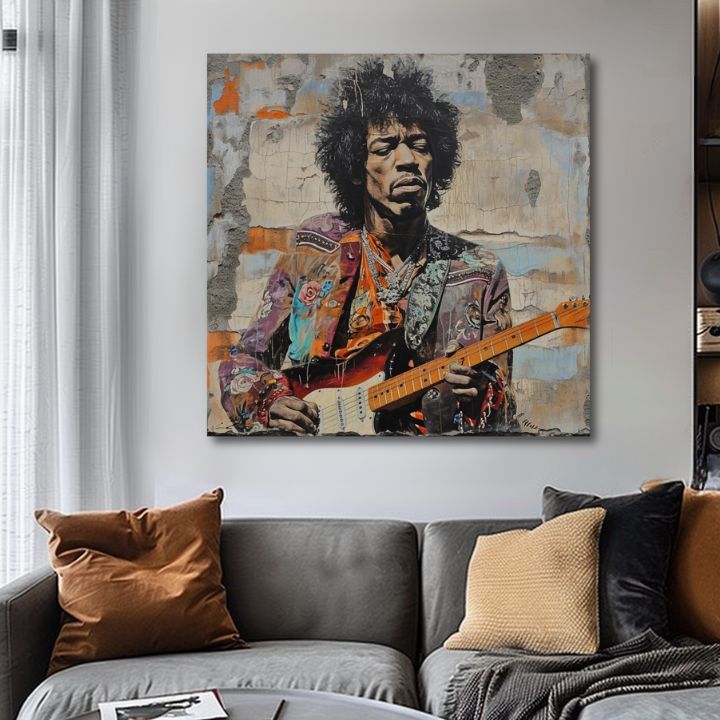 Модерна слика на платно со мотив Jimi Hendrix - Gitarová poézia во сино нијанси, музичка историја | Слика Jimi Hendrix - Gitarová poézia – производ