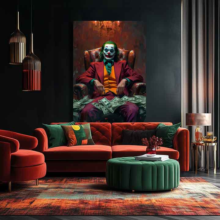 Модерна слика на платно со мотив Joker: Pán chaosu во зелено-златно нијанси, интензивна атмосфера, сила и моќ | Слика Joker: Pán chaosu – производ