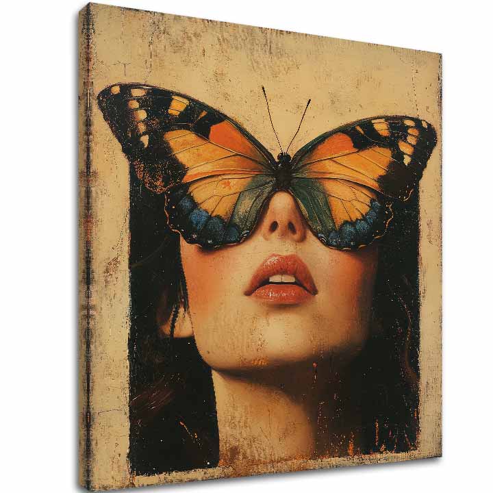 Модерна слика на платно со мотив Motýlie Krídla - Tajomné Oči, пеперутка во портокалово-кафеаво нијанси, мистериозна атмосфера, убавина | Слика Motýlie Krídla - Tajomné Oči – главна