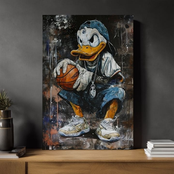 Модерна слика на платно со мотив LeBron Duck na платно во бело нијанси, урбана атмосфера, поп култура и носталгија | Слика LeBron Duck na платно – производ, поглед 2