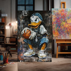 Модерна слика на платно со мотив LeBron Duck na платно во бело нијанси, урбана атмосфера, поп култура и носталгија | Слика LeBron Duck na платно – производ, поглед 3