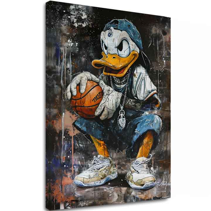 Модерна слика на платно со мотив LeBron Duck na платно во бело нијанси, урбана атмосфера, поп култура и носталгија | Слика LeBron Duck na платно – главна