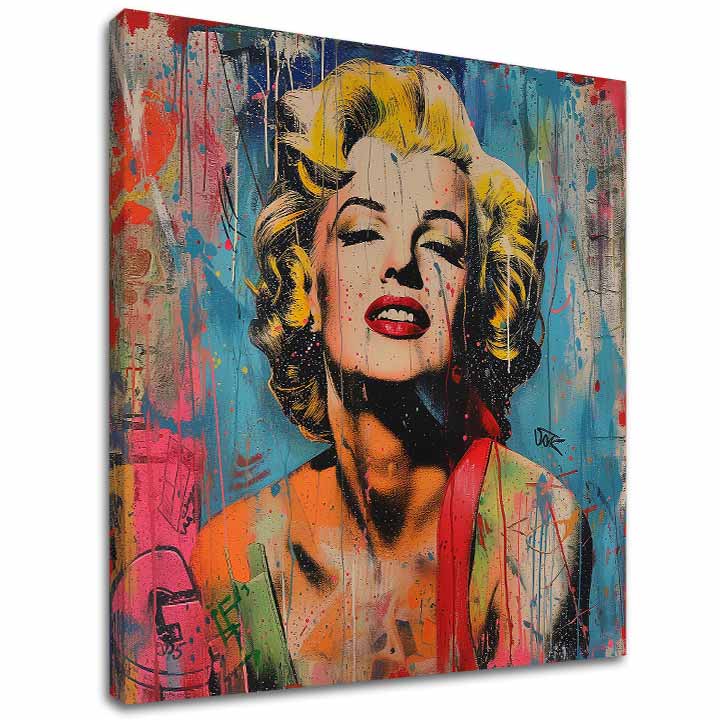 Модерна слика на платно со мотив Marilyn Monroe - Rebelka vo farbách во жолто-црвено нијанси, енергична атмосфера, слава и иконографија | Слика Marilyn Monroe - Rebelka vo farbách – главна