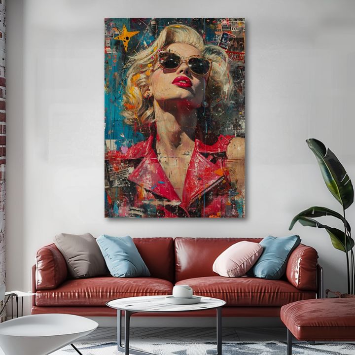 Модерна слика на платно со мотив Marilyn Monroe - Ikona v žiari svetiel во црвено-сино нијанси, слава и иконографија | Слика Marilyn Monroe - Ikona v žiari svetiel – производ