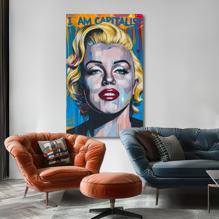 Модерна слика на платно со мотив Marilyn Monroe - Kapitalistický šarm во златно-црвено нијанси, смела атмосфера, слава | Слика Marilyn Monroe - Kapitalistický šarm – производ, поглед 2
