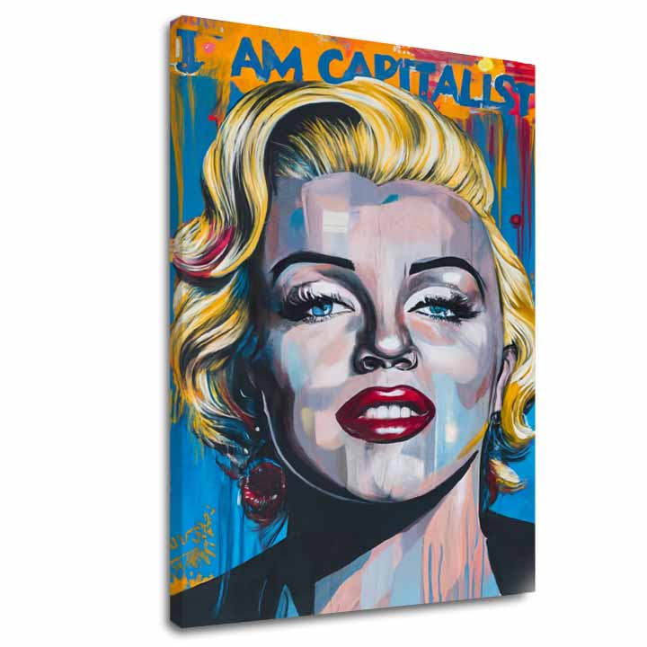 Модерна слика на платно со мотив Marilyn Monroe - Kapitalistický šarm во златно-црвено нијанси, смела атмосфера, слава | Слика Marilyn Monroe - Kapitalistický šarm – главна