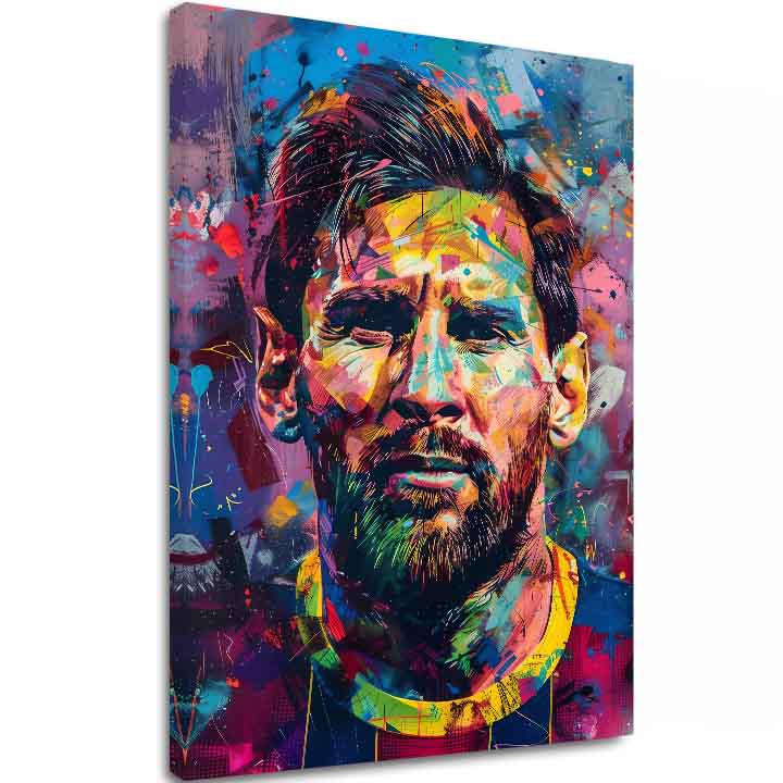 Модерна слика на платно со мотив Messi Vibes na платно во жолто-виолетово нијанси, енергична атмосфера, слава | Слика Messi Vibes na платно – главна