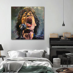 Модерна слика на платно со мотив Mick Jagger - Legenda na pódiu, микрофон во црвено нијанси, страствена атмосфера, страст | Слика Mick Jagger - Legenda na pódiu – производ, поглед 2