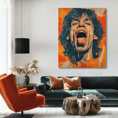 Модерна слика на платно со мотив Mick Jagger - Sila rockovej scény во портокалово-црвено нијанси, енергична атмосфера, рок и рол и иконографија – производ, поглед 2