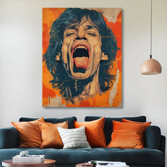 Модерна слика на платно со мотив Mick Jagger - Sila rockovej scény во портокалово-црвено нијанси, енергична атмосфера, рок и рол и иконографија – производ