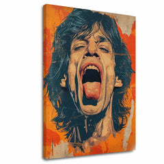 Модерна слика на платно со мотив Mick Jagger - Sila rockovej scény во портокалово-црвено нијанси, енергична атмосфера, рок и рол и иконографија – главна