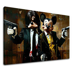 Модерна слика на платно со мотив Mickey and the Mobster во црно-кафеаво нијанси, дрска атмосфера, поп култура | Слика Mickey and the Mobster – главна