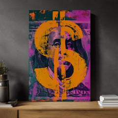 Модерна слика на платно со мотив Money Benjamin na платно во портокалово-тиркизно нијанси, смела атмосфера | Слика Money Benjamin na платно – производ, поглед 2