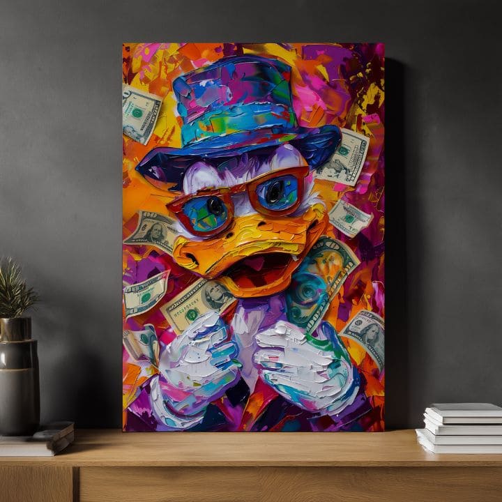 Модерна слика на платно со мотив Money Duck, очила во портокалово-виолетово нијанси, енергична атмосфера, поп култура | Слика Money Duck – производ, поглед 3