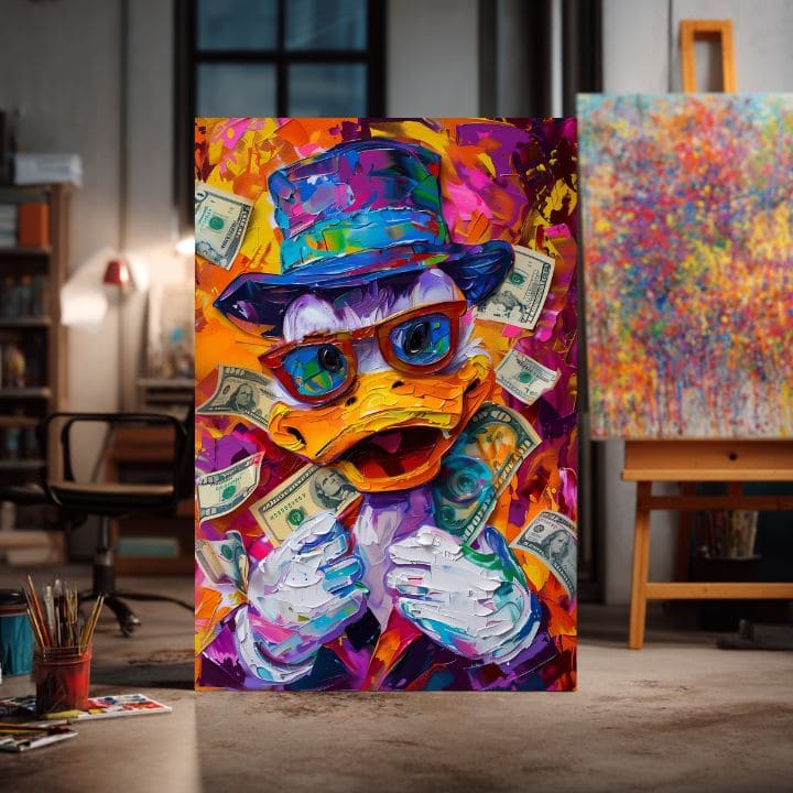 Модерна слика на платно со мотив Money Duck, очила во портокалово-виолетово нијанси, енергична атмосфера, поп култура | Слика Money Duck – производ